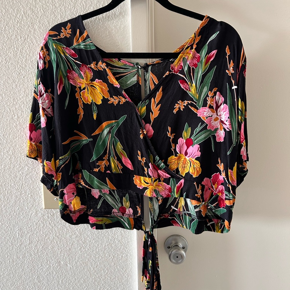Black Floral Tie-Back Crop Top with Pink & Yellow Blooms